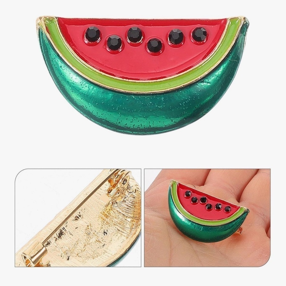 Watermelon Brooch Pin with Fashion Gemstones, Pink, Green, Black - Picture 10 of 17